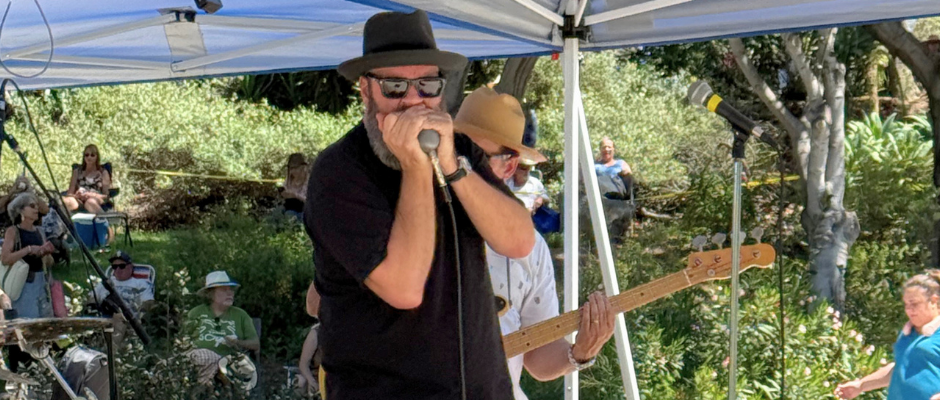 Troy Sandow stepped up from backstage bassist to lead harmonica with his own act.