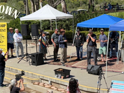 Musicians performing under blue and white canopy tents at Spring Harp Fest with a yellow banner displaying the logo.