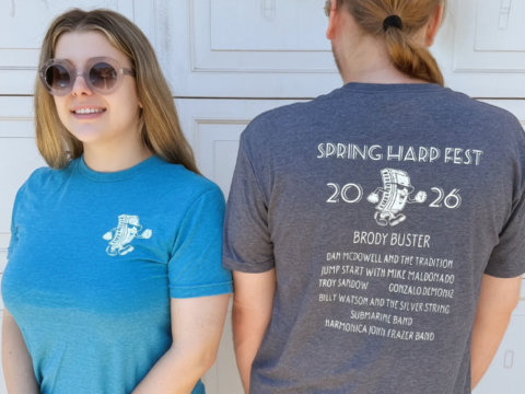 Photo showing 2026 Harp Fest tee shirts