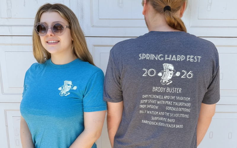 Photo showing 2026 Harp Fest tee shirts