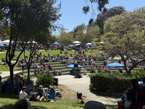 Crowd of people sitting on tiered concrete steps and grass in a sunny park at an outdoor event under blue pop-up tents.